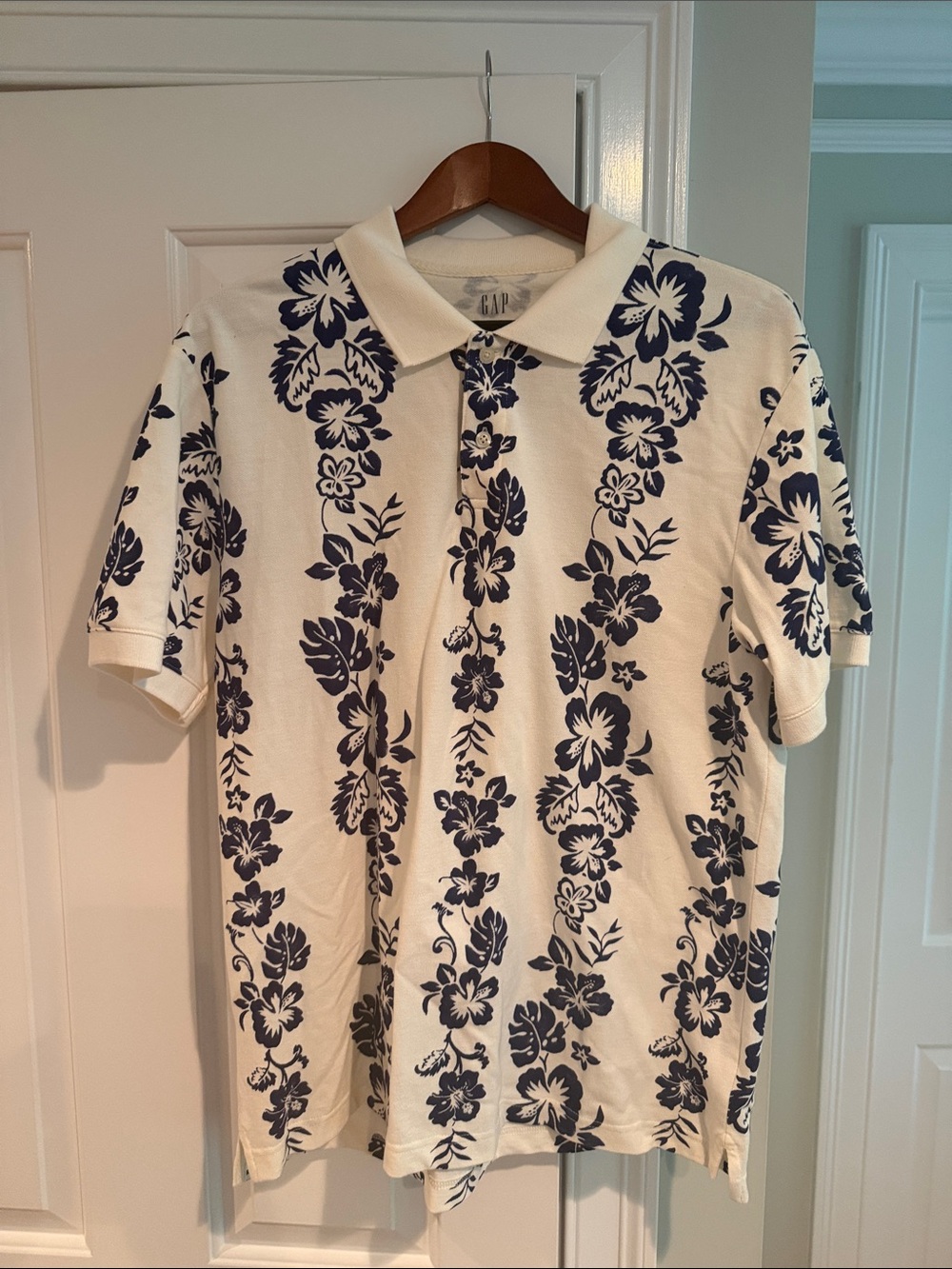 GAP White Polo with Navy Floral Stripes